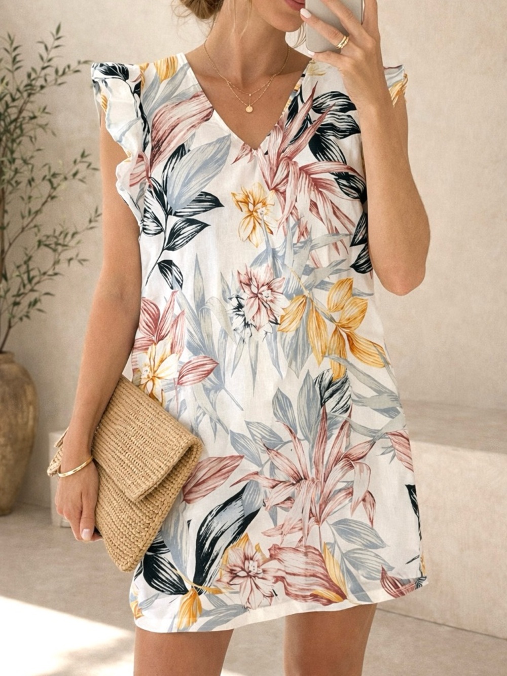 C&C California Linen Floral Shift Dress White Gold Pink Blue Relaxed Fit M/L